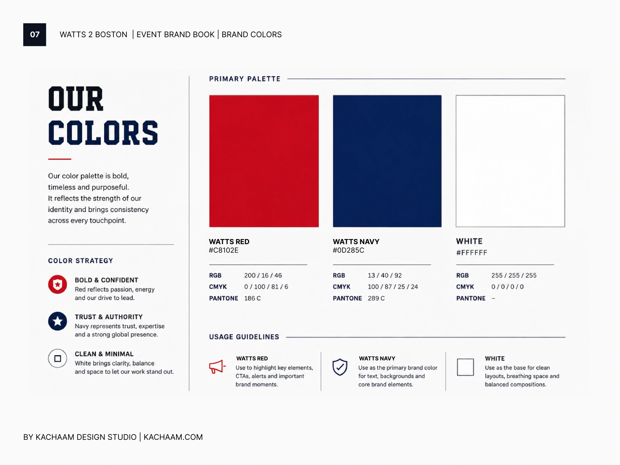 Watts 2 Boston brand color guidelines featuring red, navy and white with usage notes