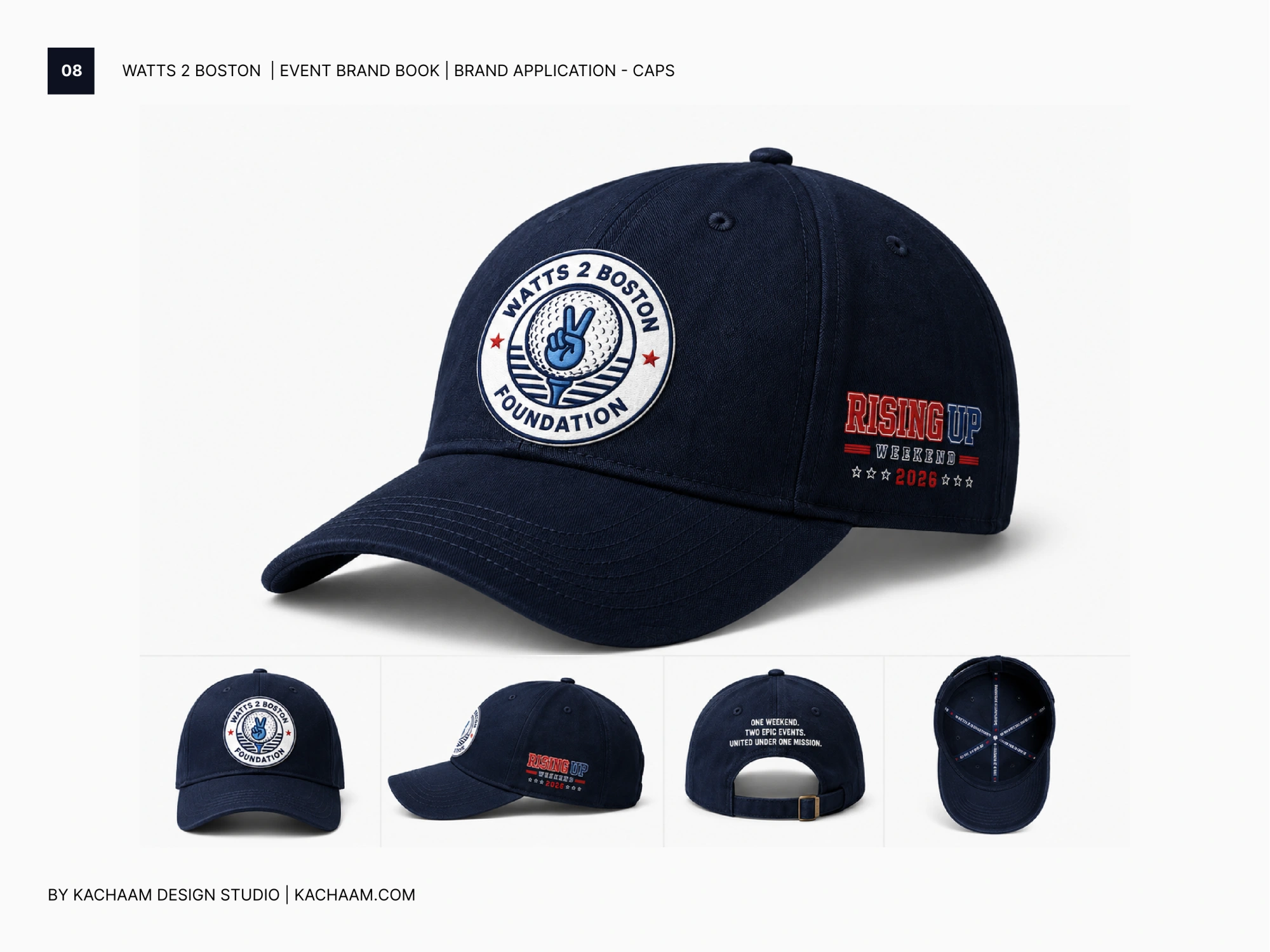 Navy cap mockup showing Watts 2 Boston Foundation logo and Rising Up Weekend branding