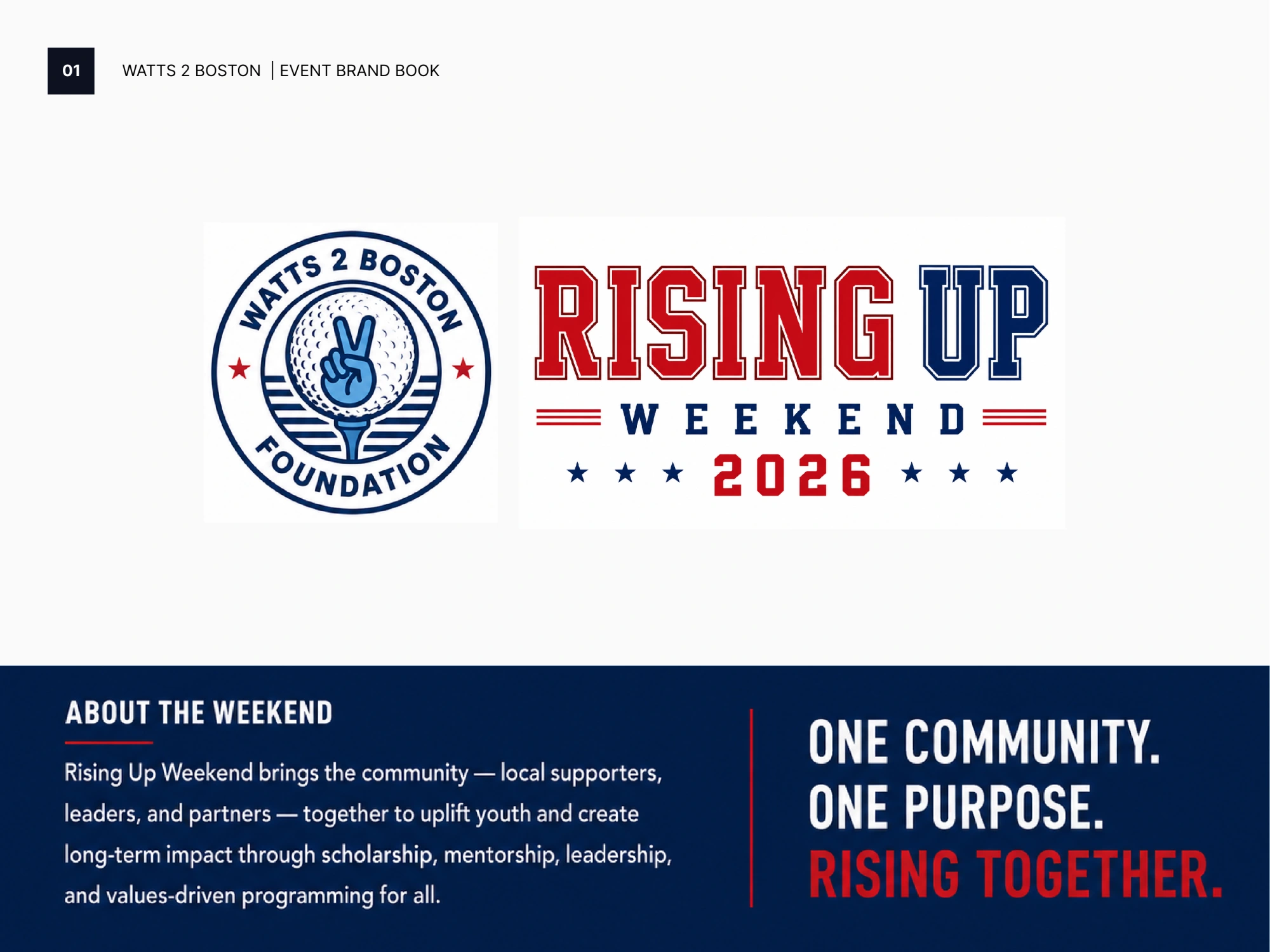 Watts 2 Boston Foundation identity and Rising Up Weekend event brand book overview