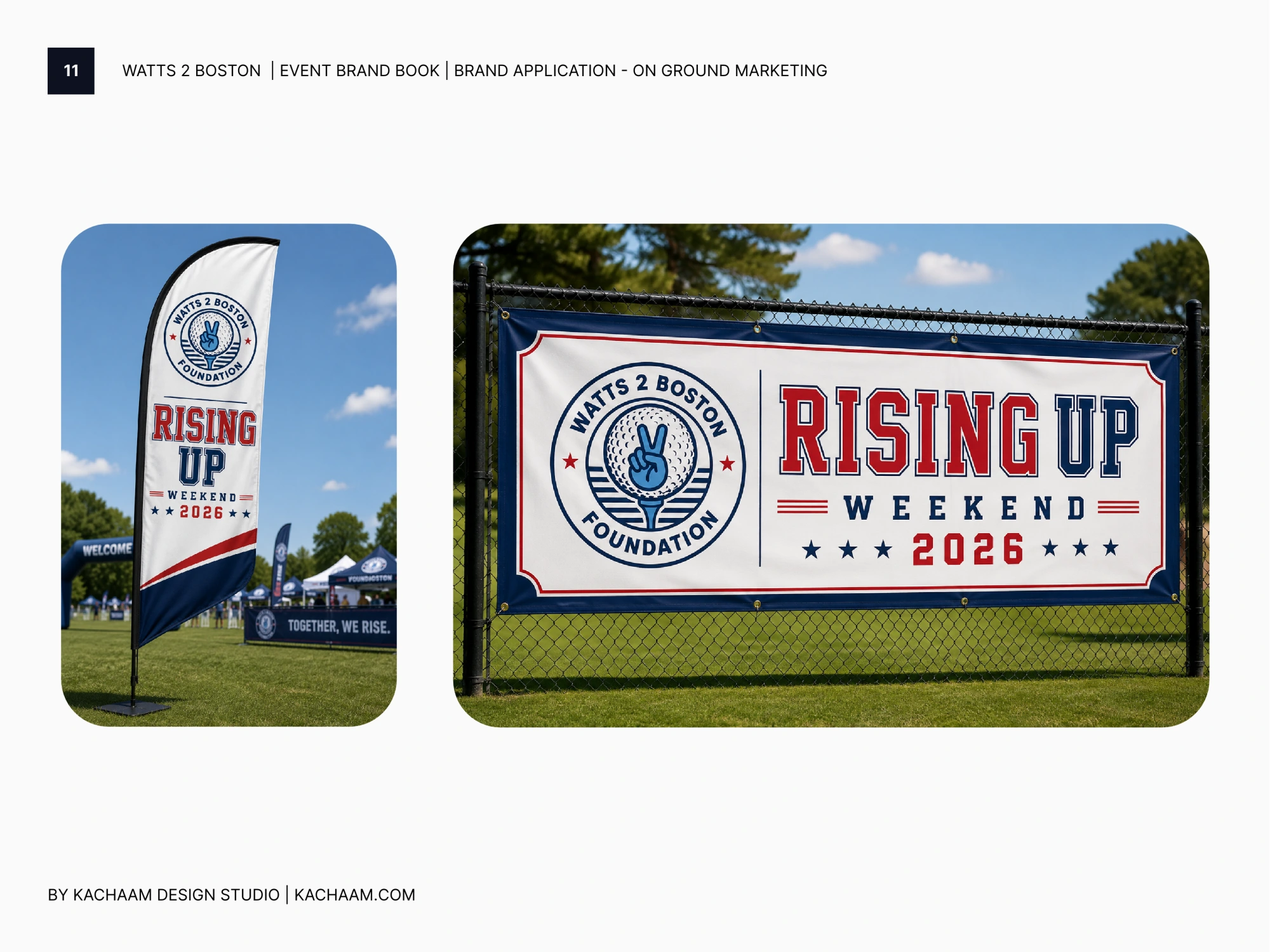 Outdoor event flags and banner carrying Watts 2 Boston Foundation and Rising Up Weekend branding