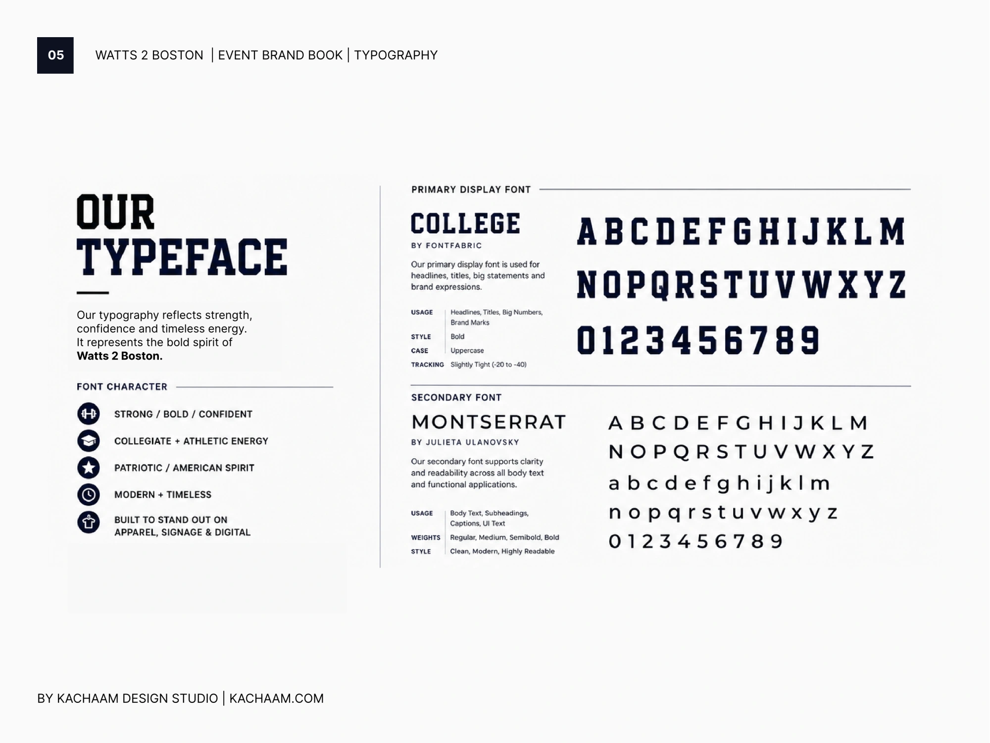 Typography guidelines for the Watts 2 Boston event brand, showing College and Montserrat typefaces