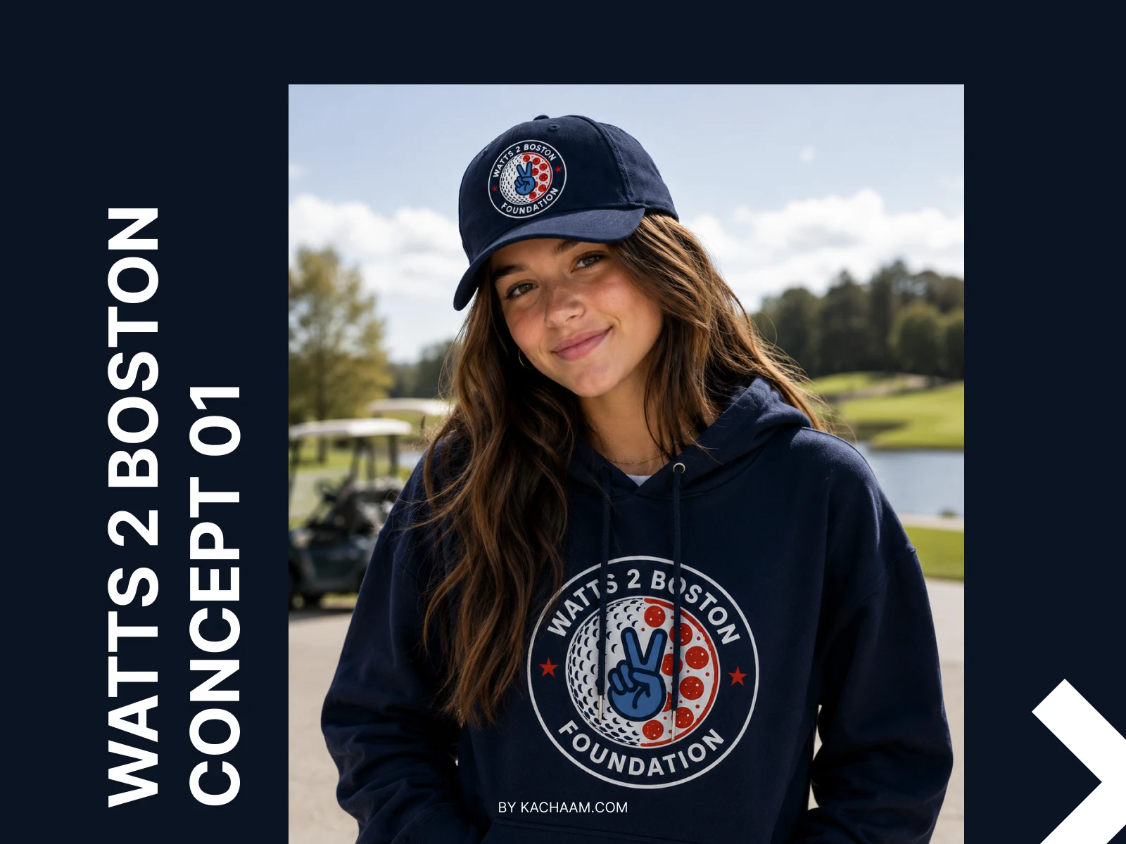 Watts 2 Boston Foundation event identity on a cap and hoodie at a golf course
