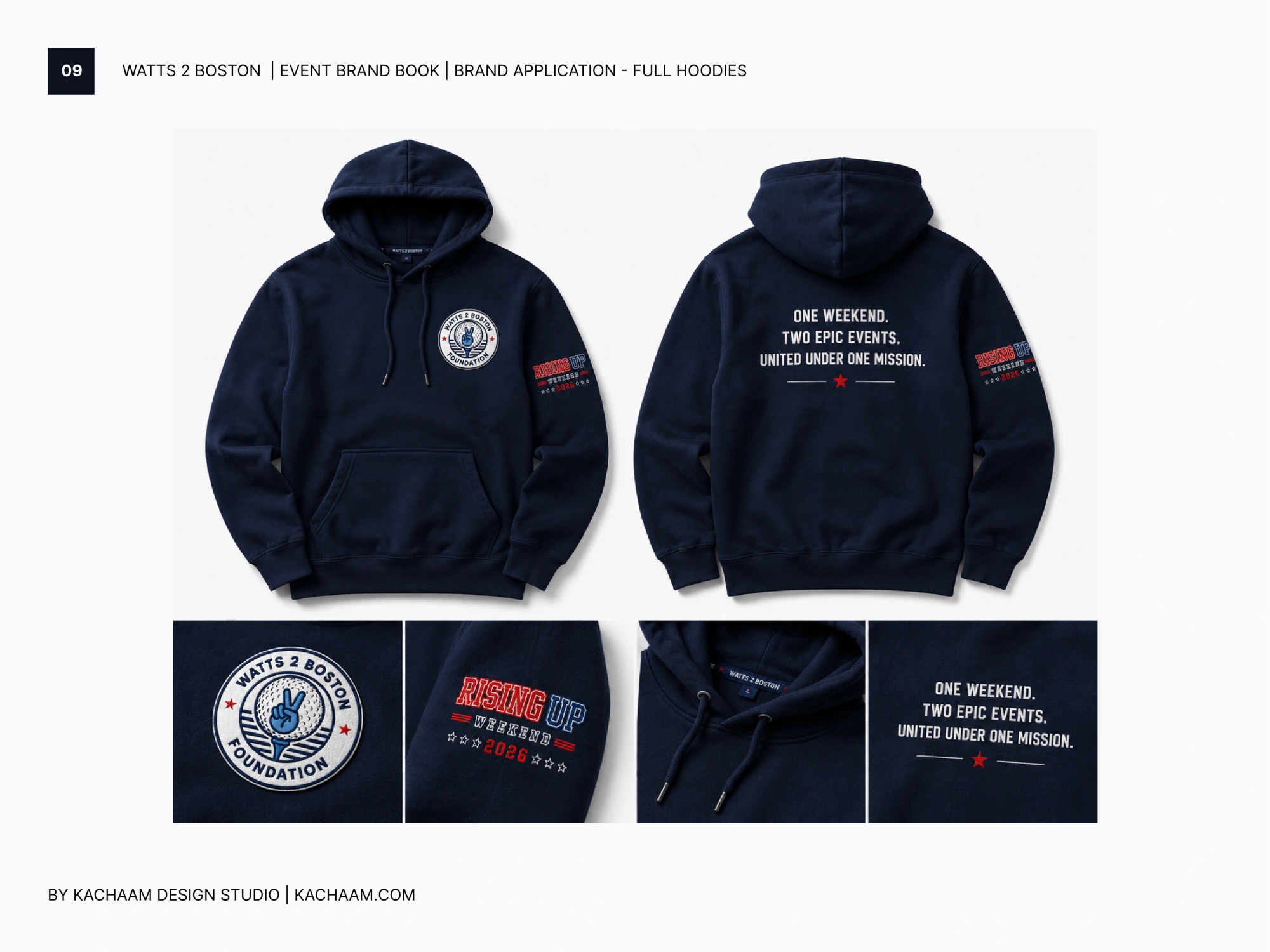 Navy hoodie merchandise applications with Watts 2 Boston Foundation and Rising Up Weekend graphics