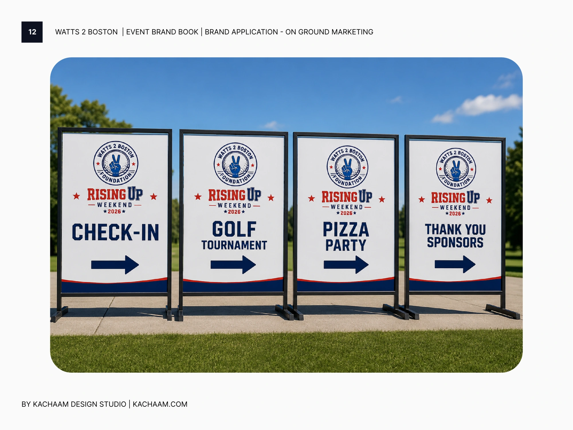 On-site event signage mockup for check-in, golf tournament, pizza party and sponsor directions