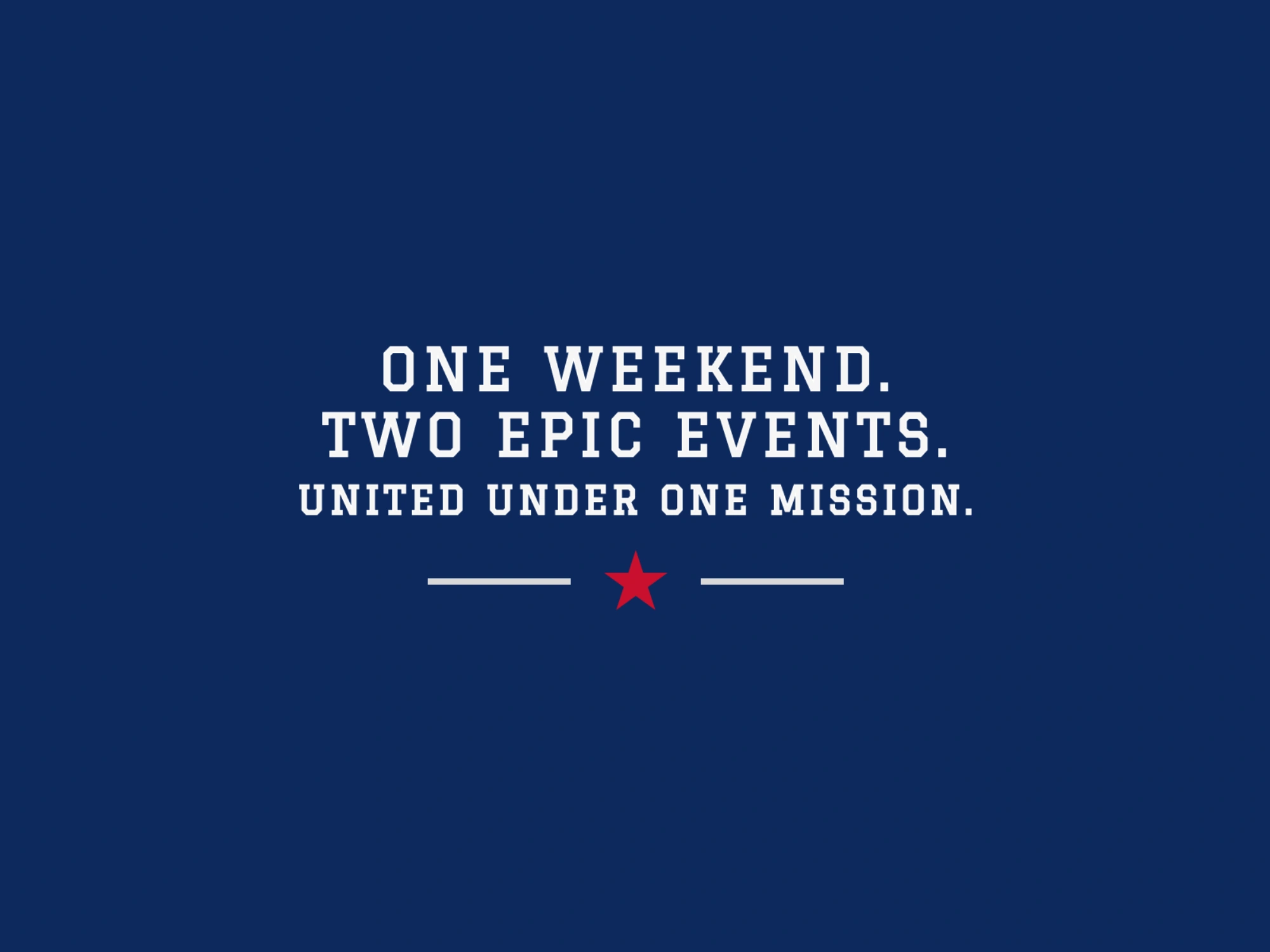 Rising Up Weekend event wordmark on navy, with the message one weekend, two epic events, united under one mission