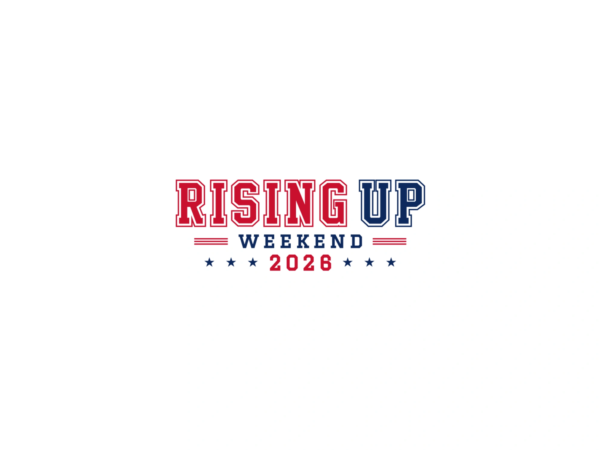 Rising Up Weekend 2026 wordmark in red, navy and white