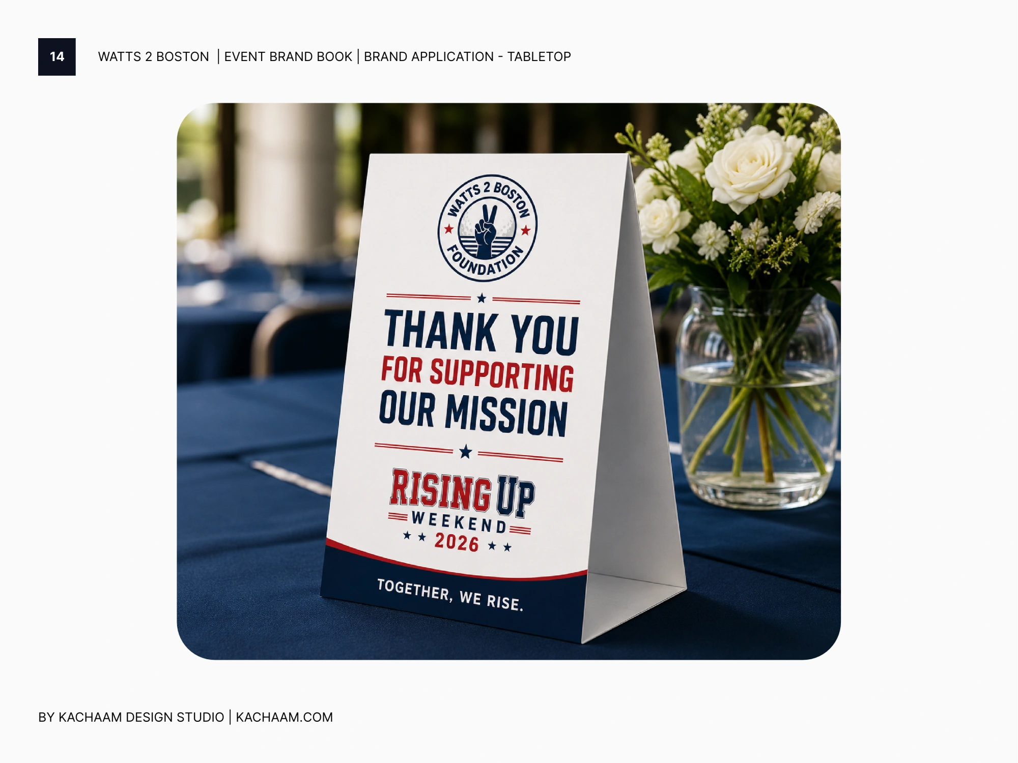 Tabletop thank-you sign mockup with Watts 2 Boston Foundation and Rising Up Weekend branding