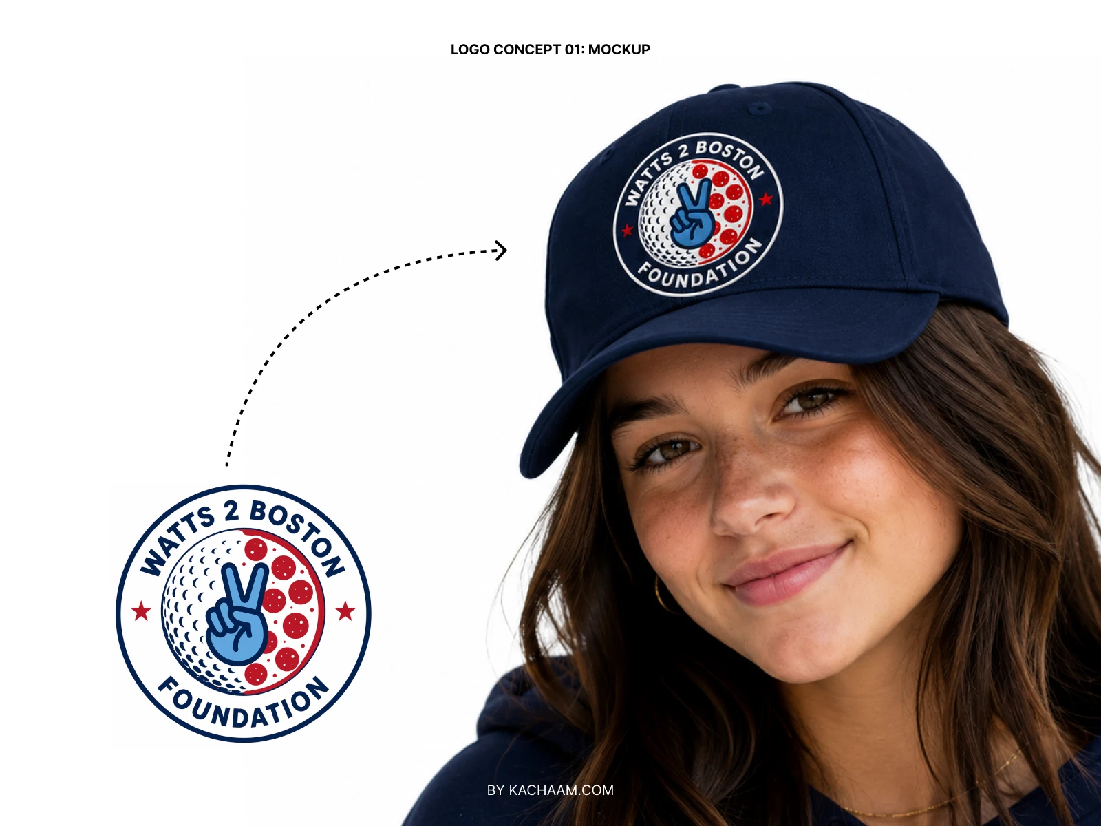 Navy cap mockup with the Watts 2 Boston Foundation charity golf event logo