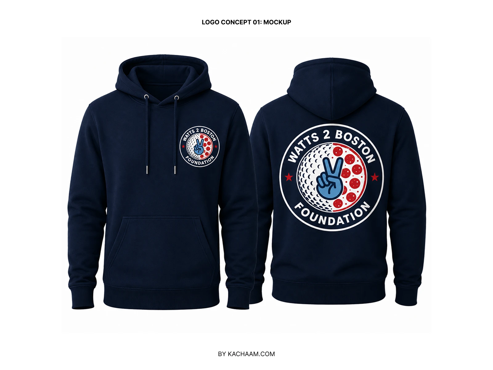 Navy hoodie merchandise mockup showing Watts 2 Boston Foundation event branding on the front and back