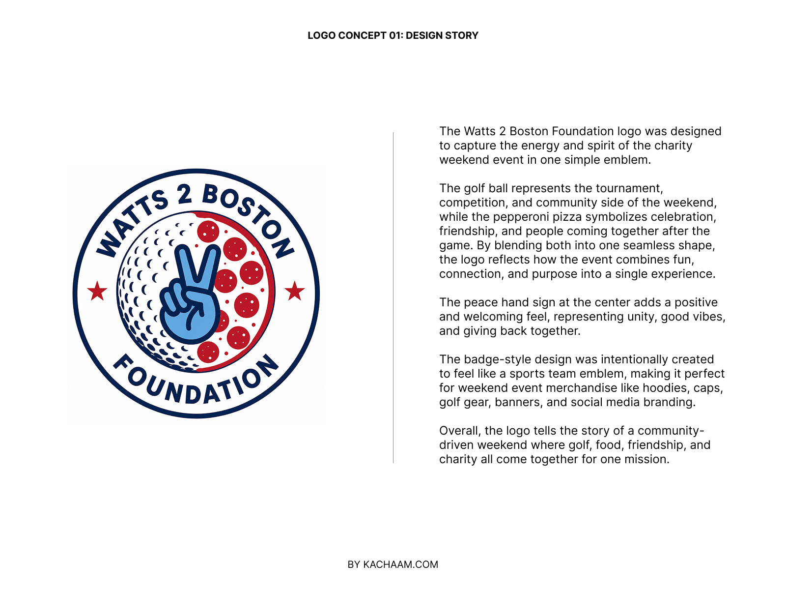 Watts 2 Boston charity golf weekend logo design story explaining the golf, pizza and peace sign concept